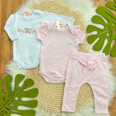 Conj. de Malha 3 Peças - Flores com Ramos Dourados - Branco e Rosa Bebê